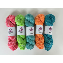 Image shows 5 skeins of Superfine Merino and Mulberry Silk DK Colour range