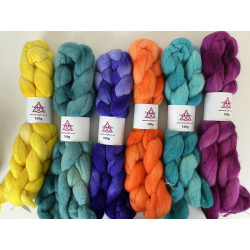 Image shows 6 braids of Merino fibre colour range