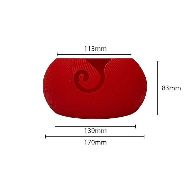 Red Yarn bowl from the front with measurements