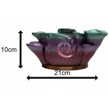 Image of a 3D printed mushroom yarn bowl in Dawn Radiance from the front showing the dimensions of 10cm high and 21cm wide.