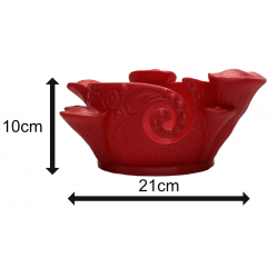 Image of a 3D printed mushroom yarn bowl in Red from the front showing the dimensions of 10cm high and 21cm wide.