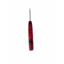 Image shows a resin handled crochet hook in red and black